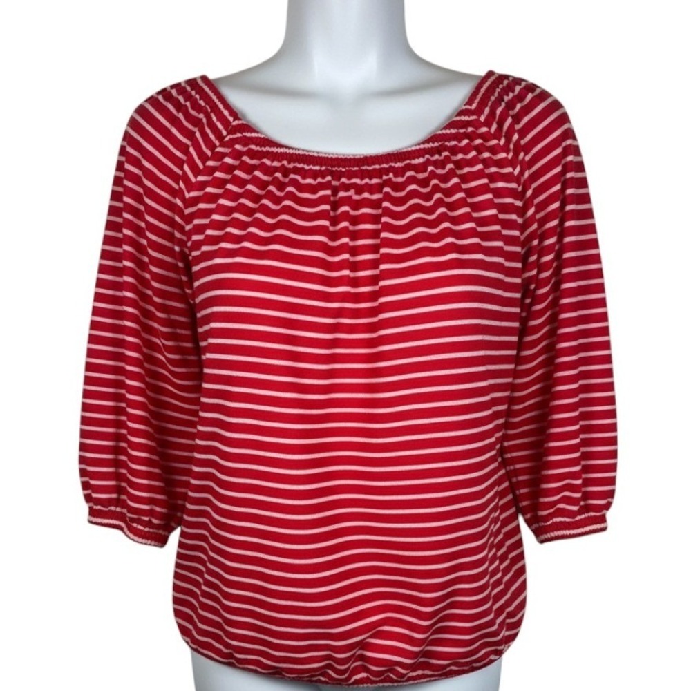 J.Crew Striped Peasant Blouse 3/4 Sleeve Elastic Neckline Hem Red White Medium